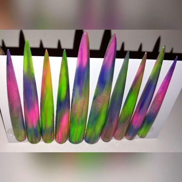 Hand crafted custom luminous tie dy10pc xxxl long acrylic presson nails sz Large - Picture 4 of 6
